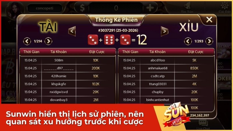 Sunwin hiển thị lịch sử phiên, nên quan sát xu hướng trước khi cược.